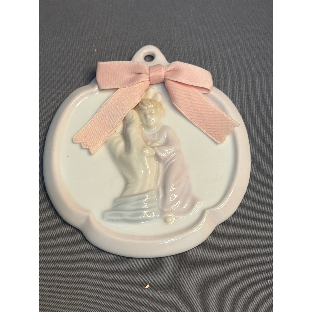 Vintage Roman Japan Porcelain Praying Child Wall Plaque Ornament Pink Bow